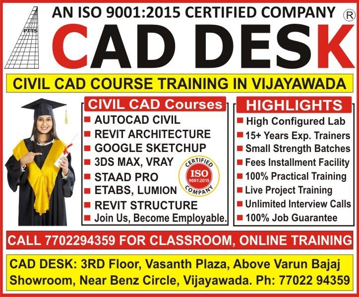 About Civil CAD Courses Training in Vijayawada - AutoCAD Civil, 3Ds Max, Revit Architecture, Sketchup, Vray, Staad Pro, Etabs, Revit Structure, Lumion