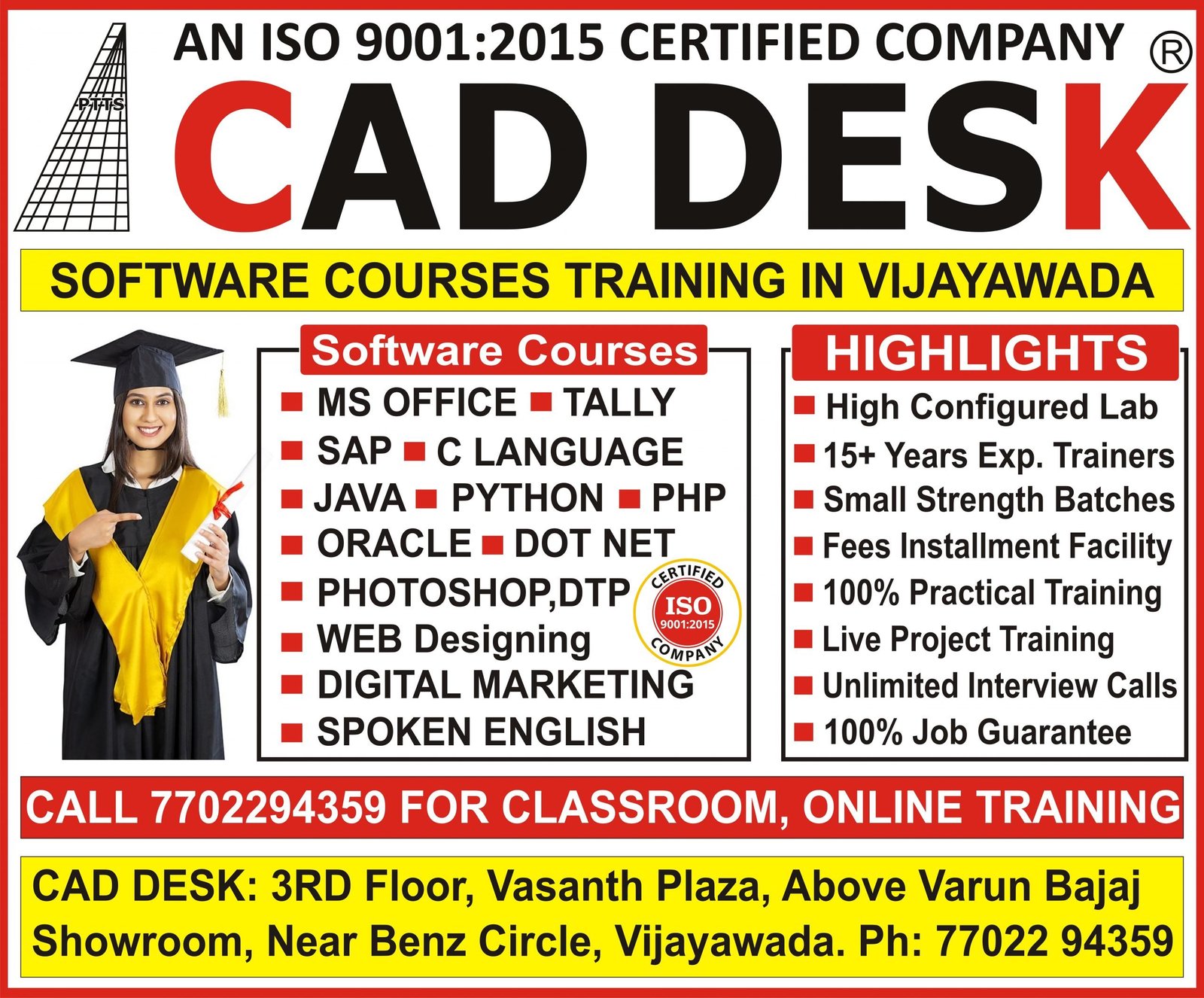 CAD DESK VIJAYAWADA is the best Software Training Institute in Vijayawada for Ms Office, Tally Prime, SAP, C Language, JAVA, Python, Dot Net, PHP, Oracle, Android, Web Designing, Graphic Designing, Data Science, Testing Tools, Selenium, devops, AWS, Rpa, Hadoop, DTP, DCA, PGDCA, Spoken English Course.