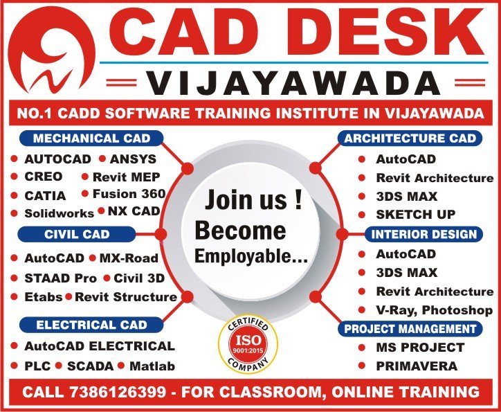 CAD DESK Vijayawada is the Best CADD Software Training Institute in Vijayawada for AutoCAD, 3Ds Max, Revit Architecture, Sketchup, V Ray, Staad Pro, Etabs, Revit Structure, Lumion, Catia, Creo, Solidworks, NX CAD, Ansys, Fusion 360, Revit MEP, Microsoft Project, Primavera Course