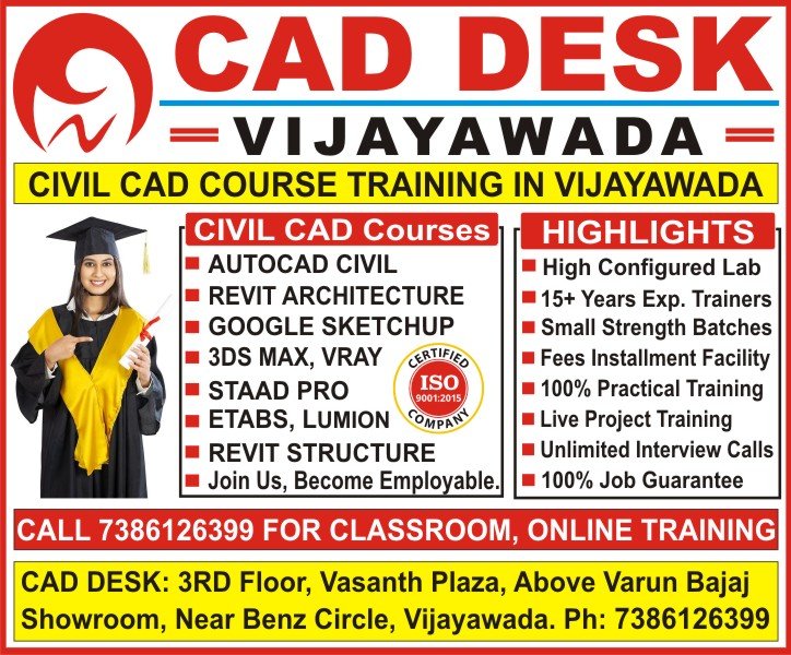 About Civil CAD Courses Training in Vijayawada - AutoCAD Civil, 3Ds Max, Revit Architecture, Sketchup, Vray, Etabs, Staad Pro, Revit Structure, Lumion